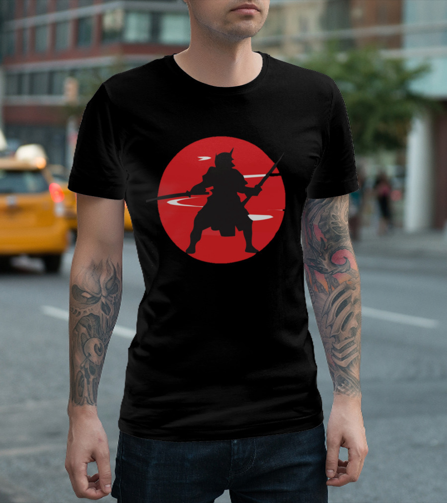 Samurai Warrior Silhouette Against Red Rising Sun T-Shirt
