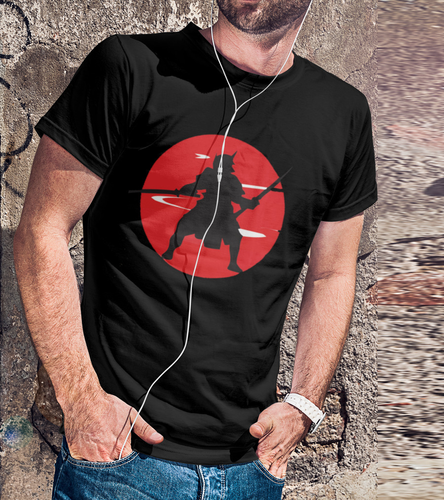Samurai Warrior Silhouette Against Red Rising Sun T-Shirt