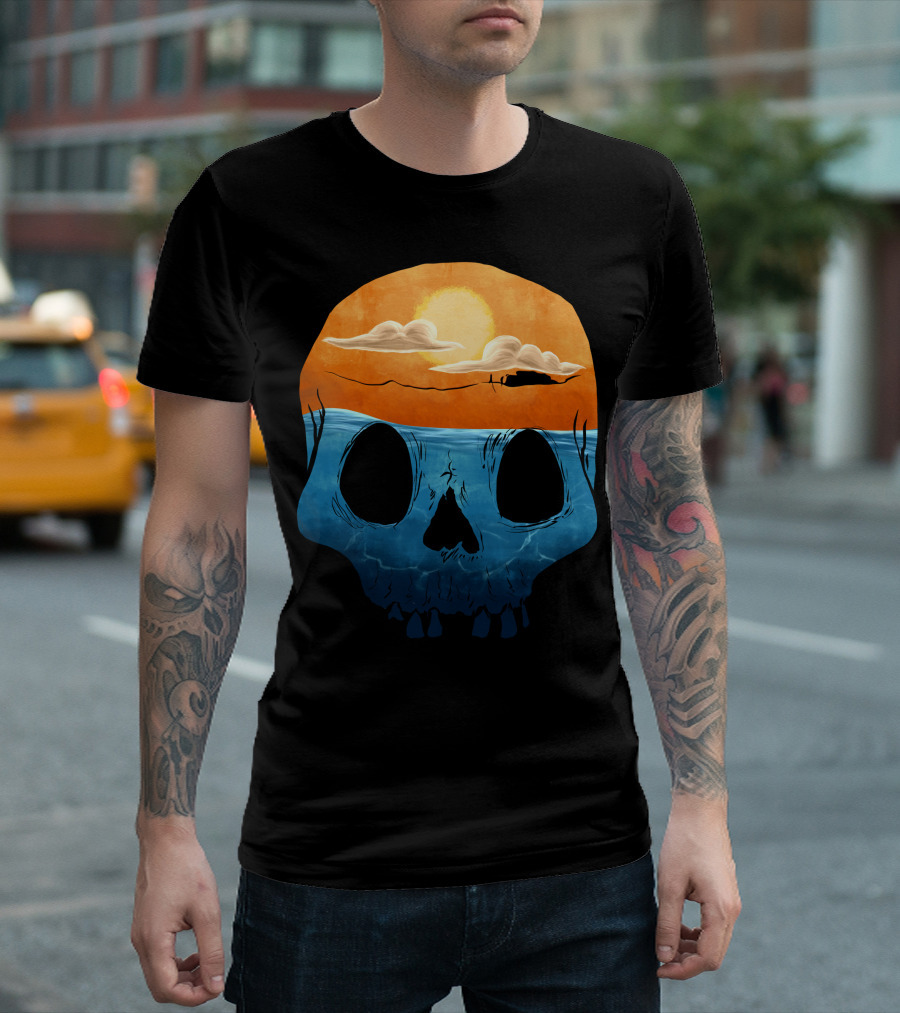 Sunset Over Ocean Skull with Clouds and Sun T-Shirt