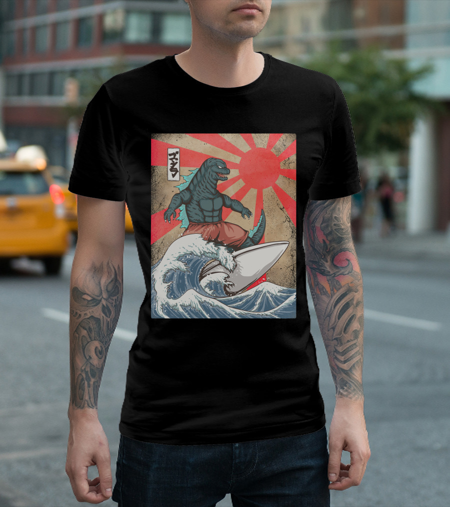 Surfing Kaiju Retro Japanese Wave Monster Sunburst Scene T-Shirt
