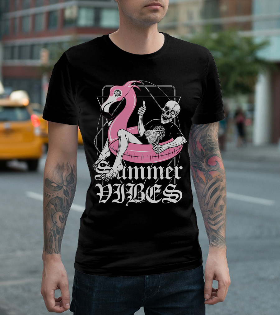 Summer Vibes Skeleton Float Flamingo Chill T-Shirt