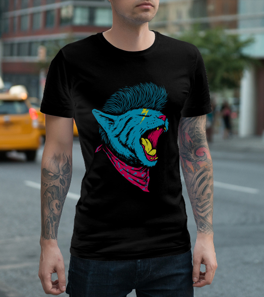 Unique Punk Cat Mohawk Lightning Bandana T-Shirt