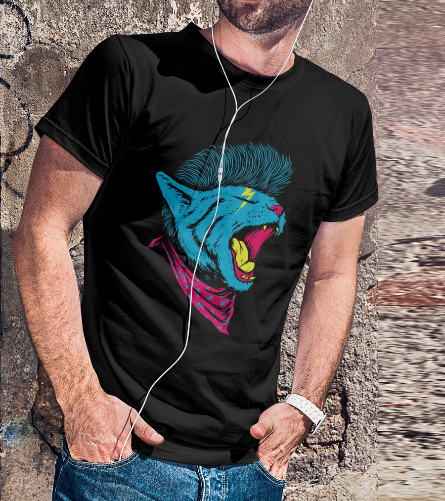 Unique Punk Cat Mohawk Lightning Bandana T-Shirt