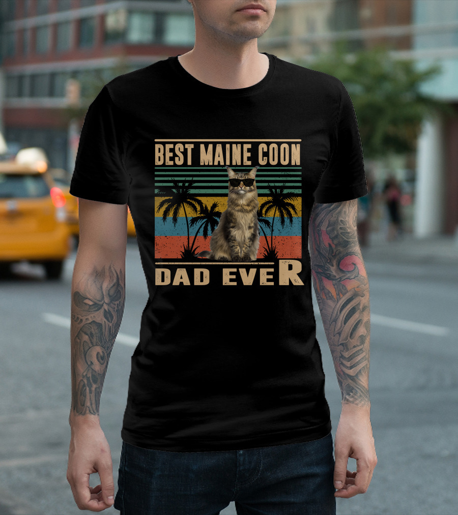 Best Maine Coon Dad Ever Retro Palm Tree Sunset T-Shirt