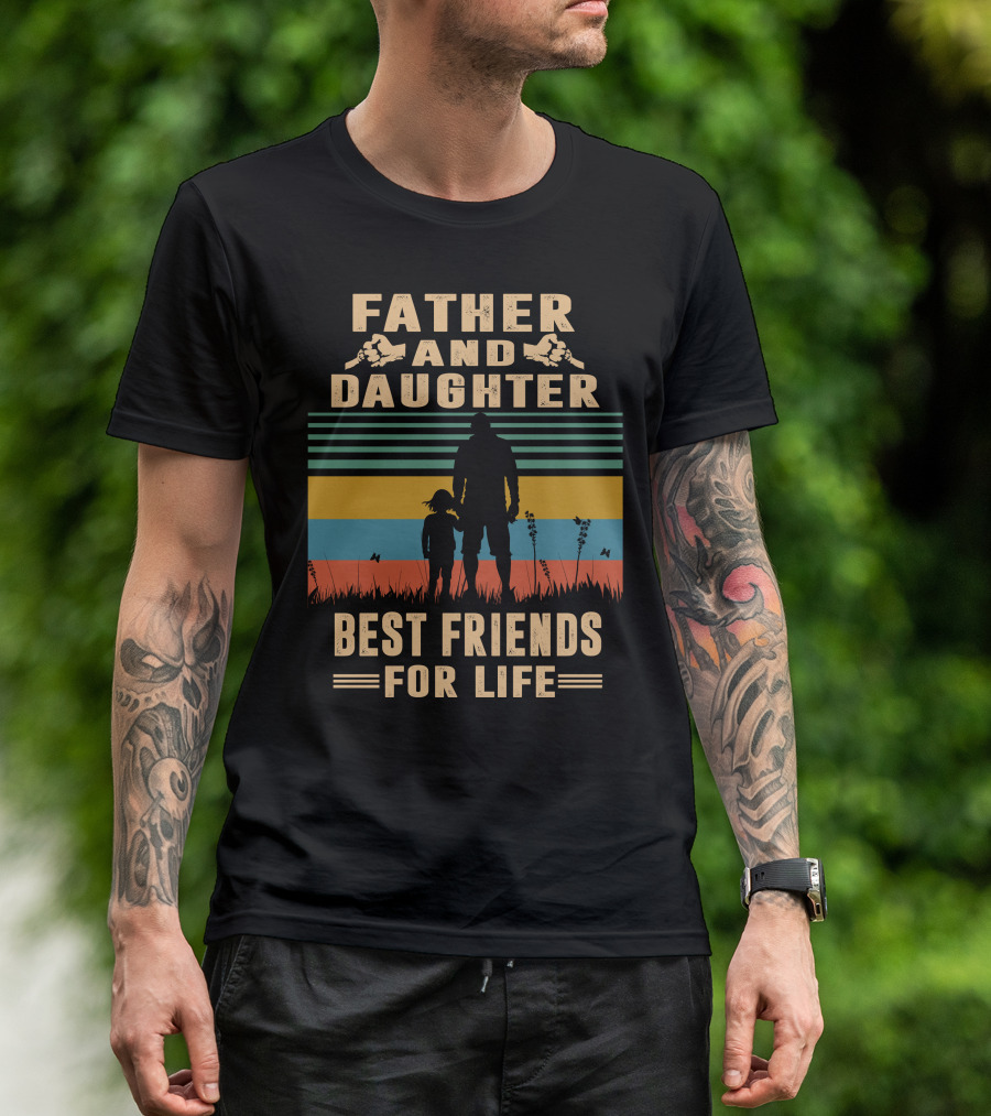 Father And Daughter Best Friends For Life Vintage Silhouette Retro Stripes T-Shirt