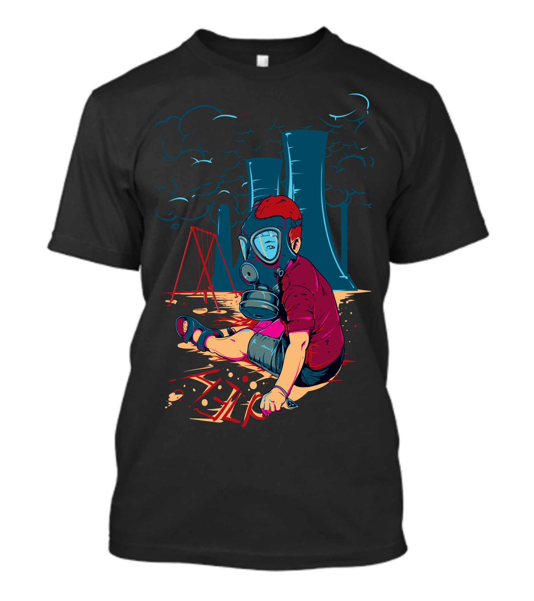 Boy In Gas Mask With Playground And Nuclear Cooling Towers T-Shirt