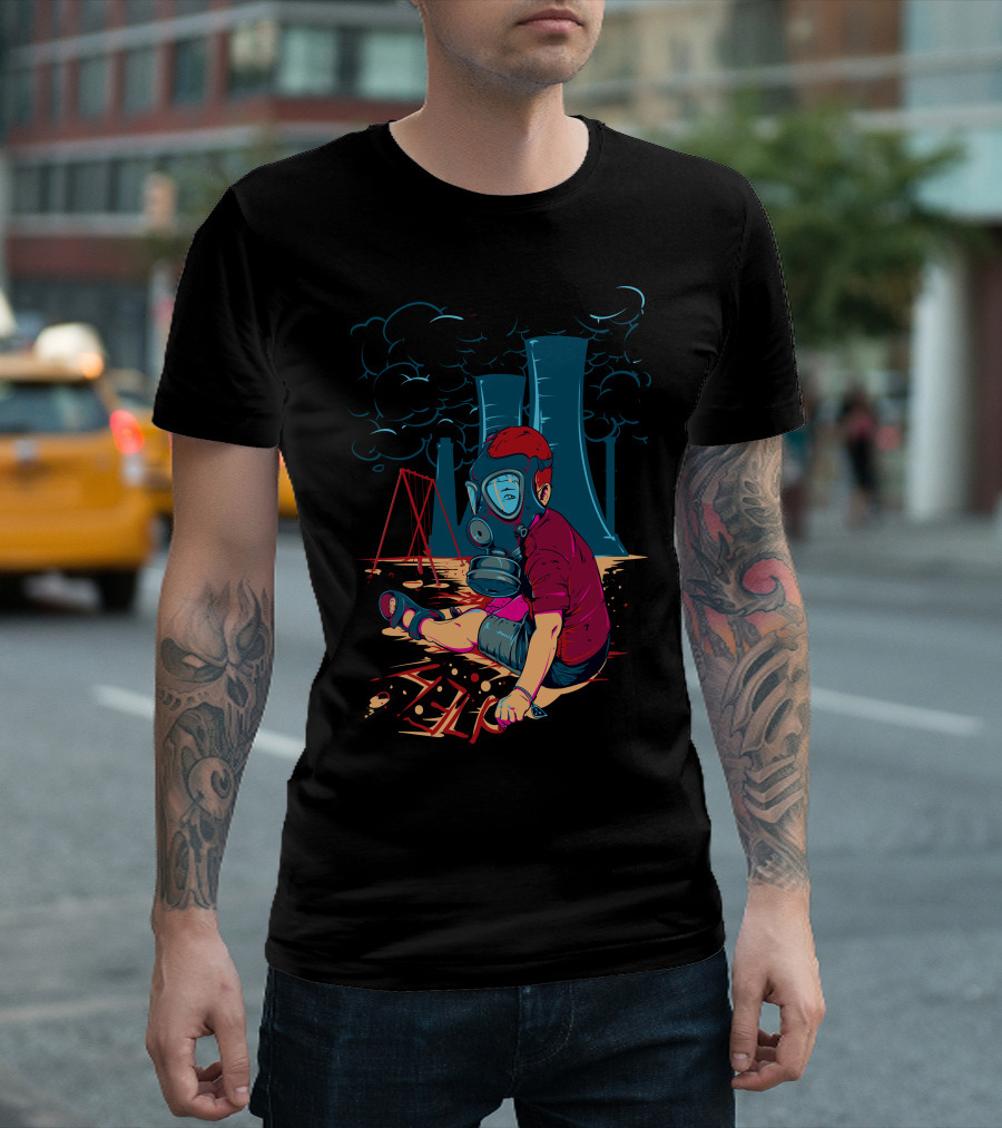 Boy in Gas Mask with Playground and Nuclear Cooling Towers T-Shirt