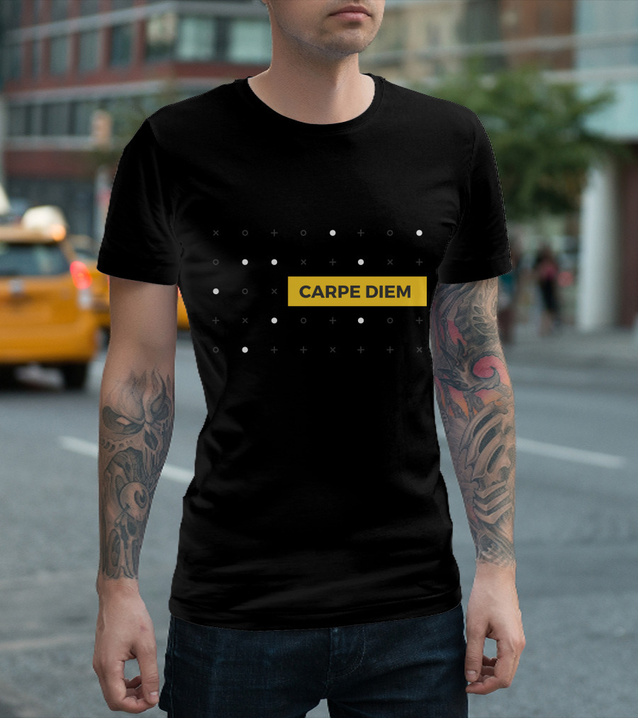 CARPE DIEM Yellow Block Minimalist Black Background with White Dots and Crosses T-Shirt