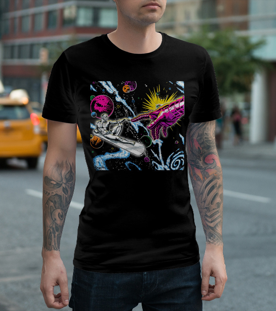 Silver Surfer and Galactic Hand Among Colorful Planets and Cosmic Swirls T-Shirt