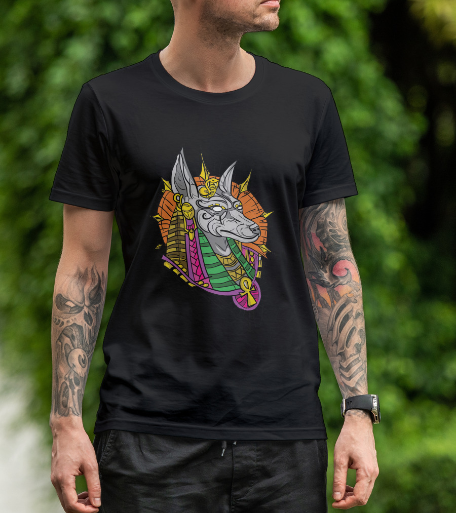 Anubis Hieroglyphic Color Burst With Ankh Egyptian T-Shirt