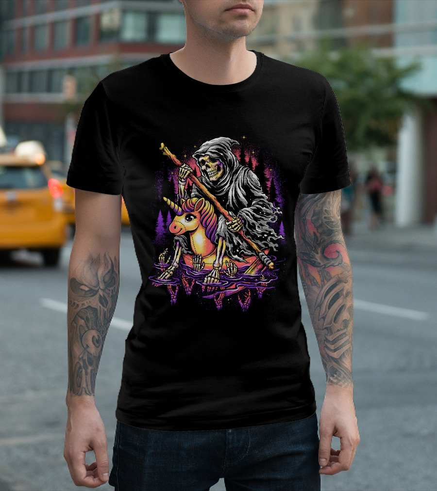 Gently Down The Stream Grim Reaper Rides Unicorn Skeleton Paddle T-Shirt