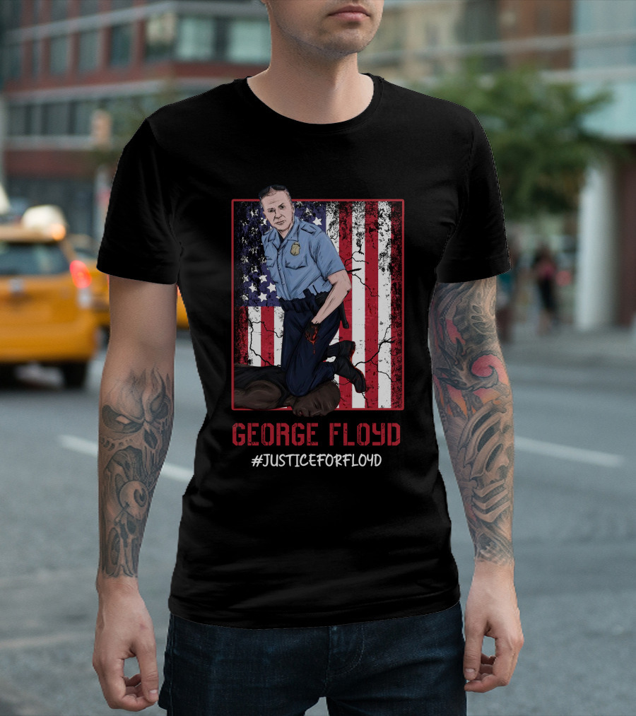 George Floyd #JusticeForFloyd Police Brutality Illustration American Flag Background T-Shirt