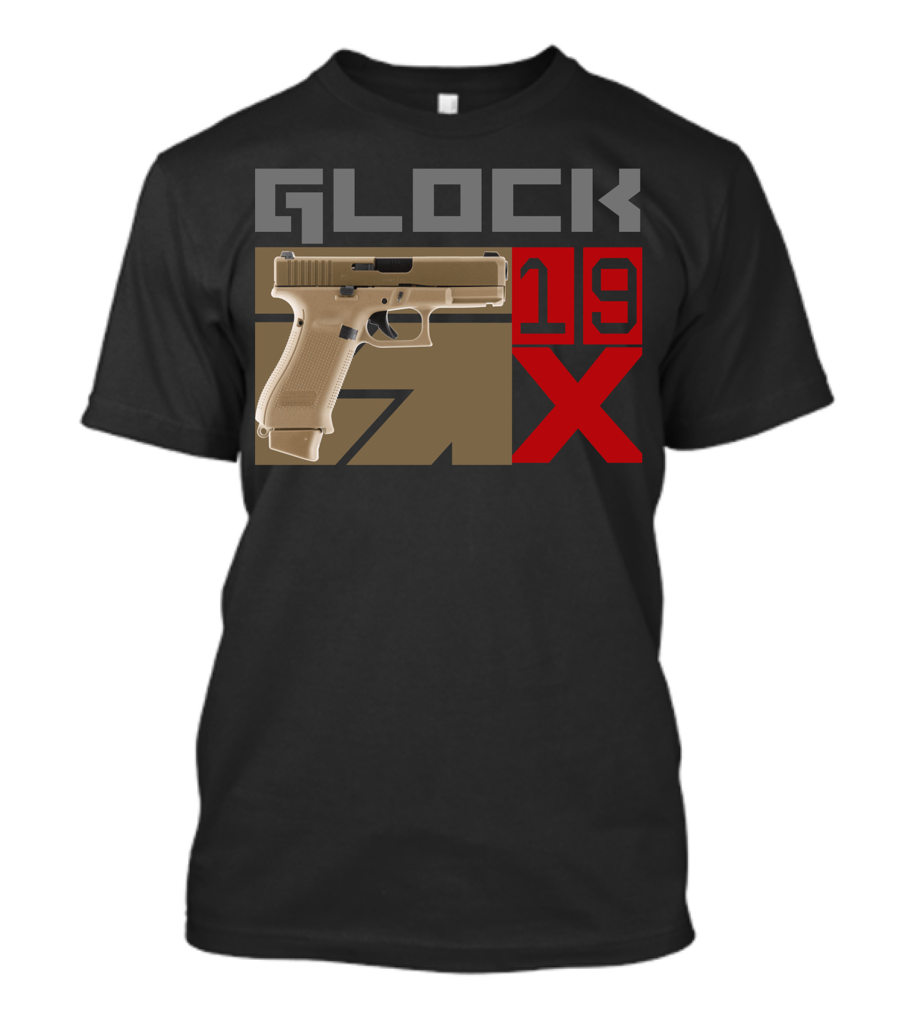 Glock 19X Tan Pistol Graphic With Bold Red And Gray Text T-Shirt