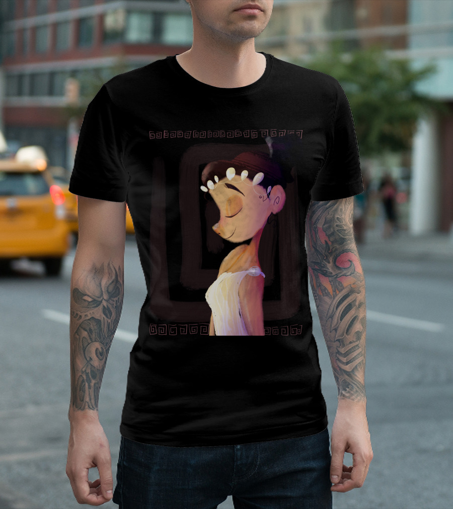 Greek Goddess Cartoon Portrait With Pearl Headband And Greek Key Border T-Shirt