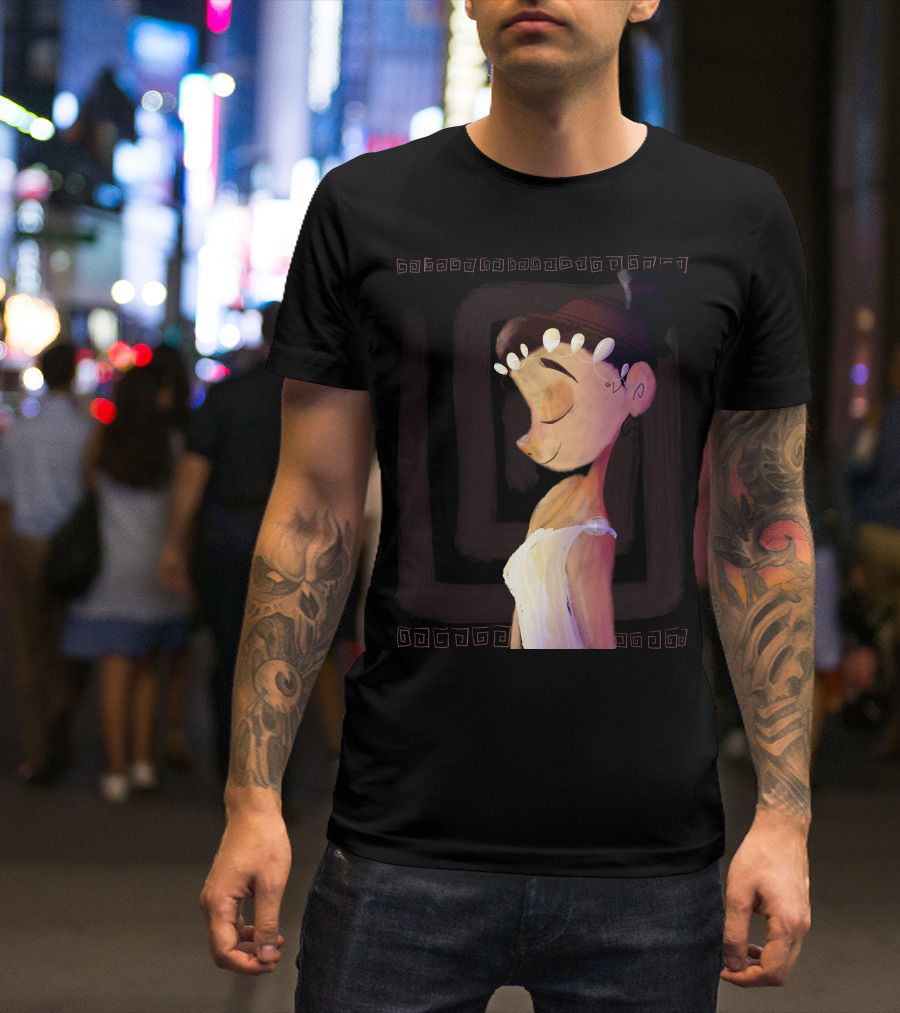 Greek Goddess Cartoon Portrait With Pearl Headband And Greek Key Border T-Shirt