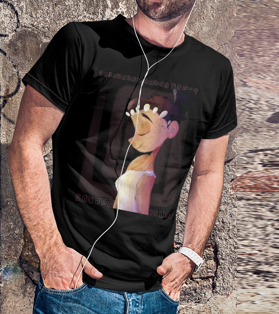 Greek Goddess Cartoon Portrait With Pearl Headband And Greek Key Border T-Shirt