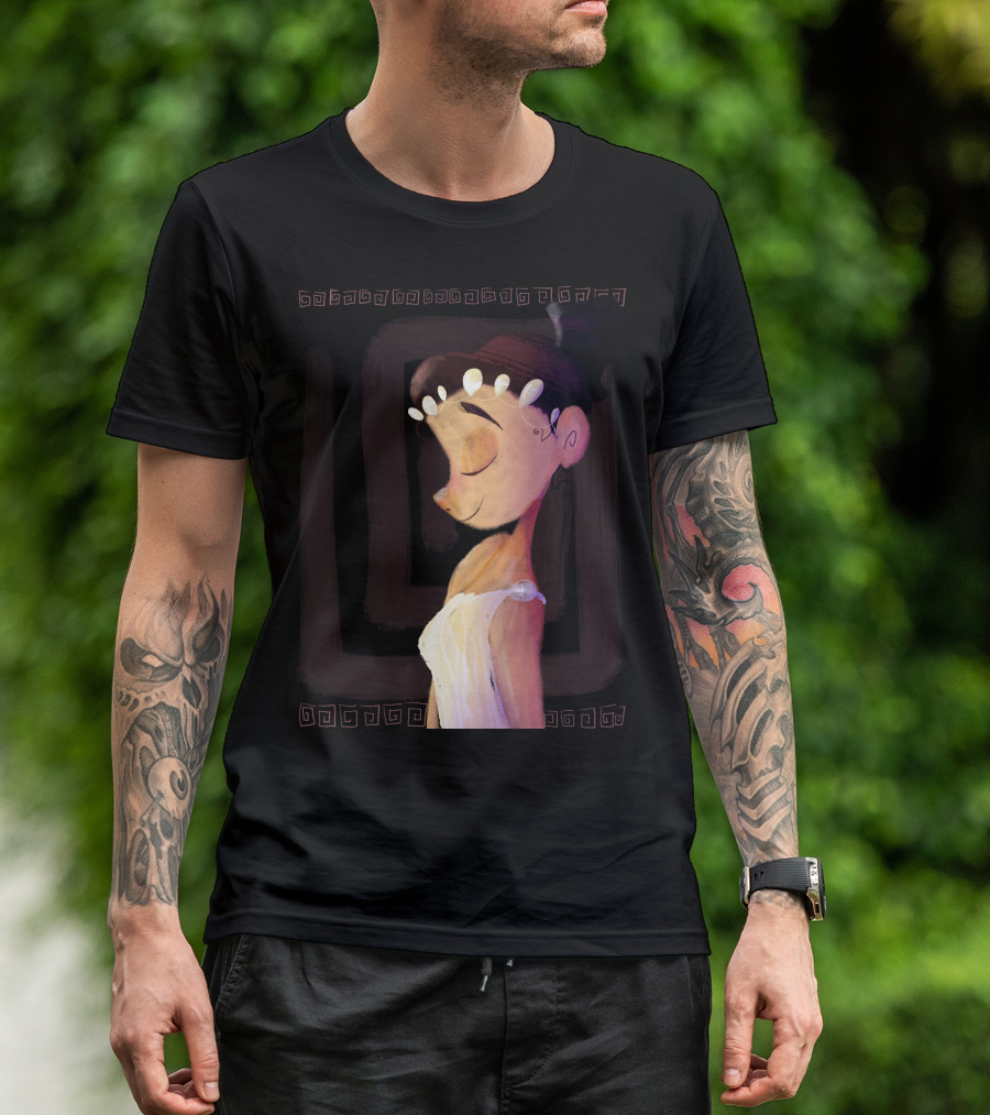 Greek Goddess Cartoon Portrait With Pearl Headband And Greek Key Border T-Shirt