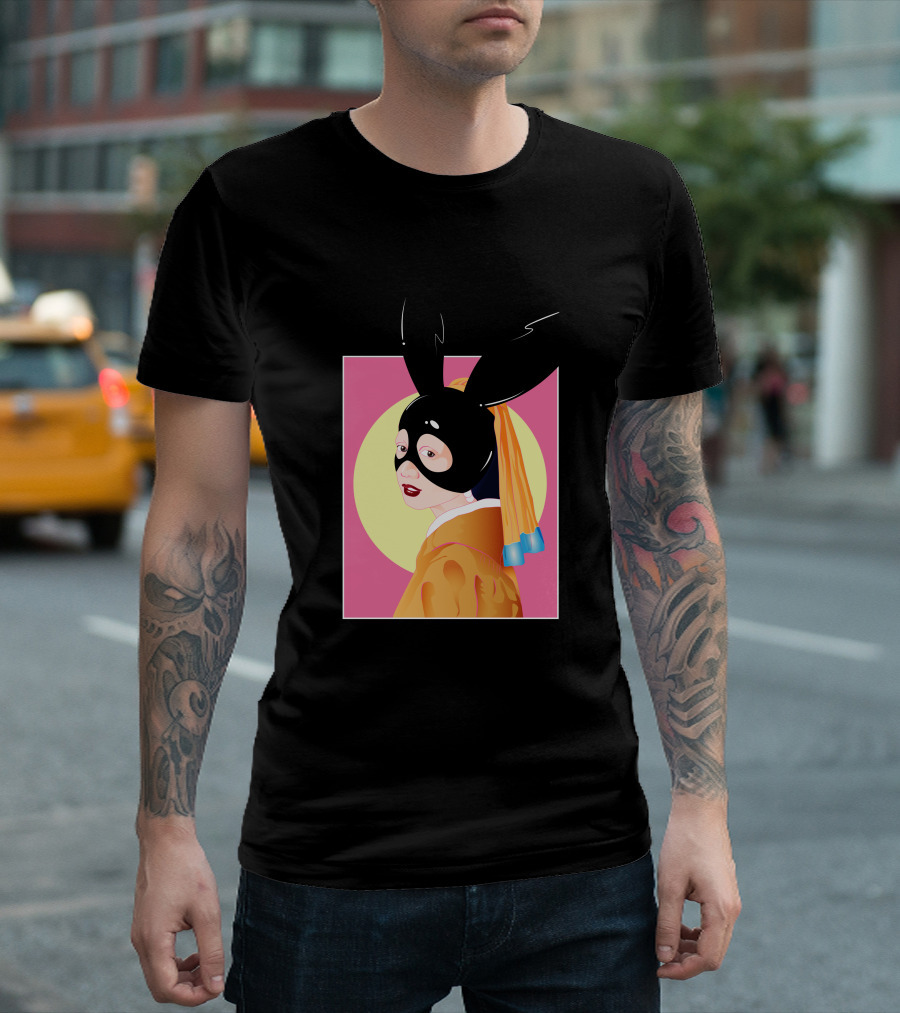 A Girl in Kimono with Black Rabbit Mask and Bold Yellow and Pink Background T-Shirt