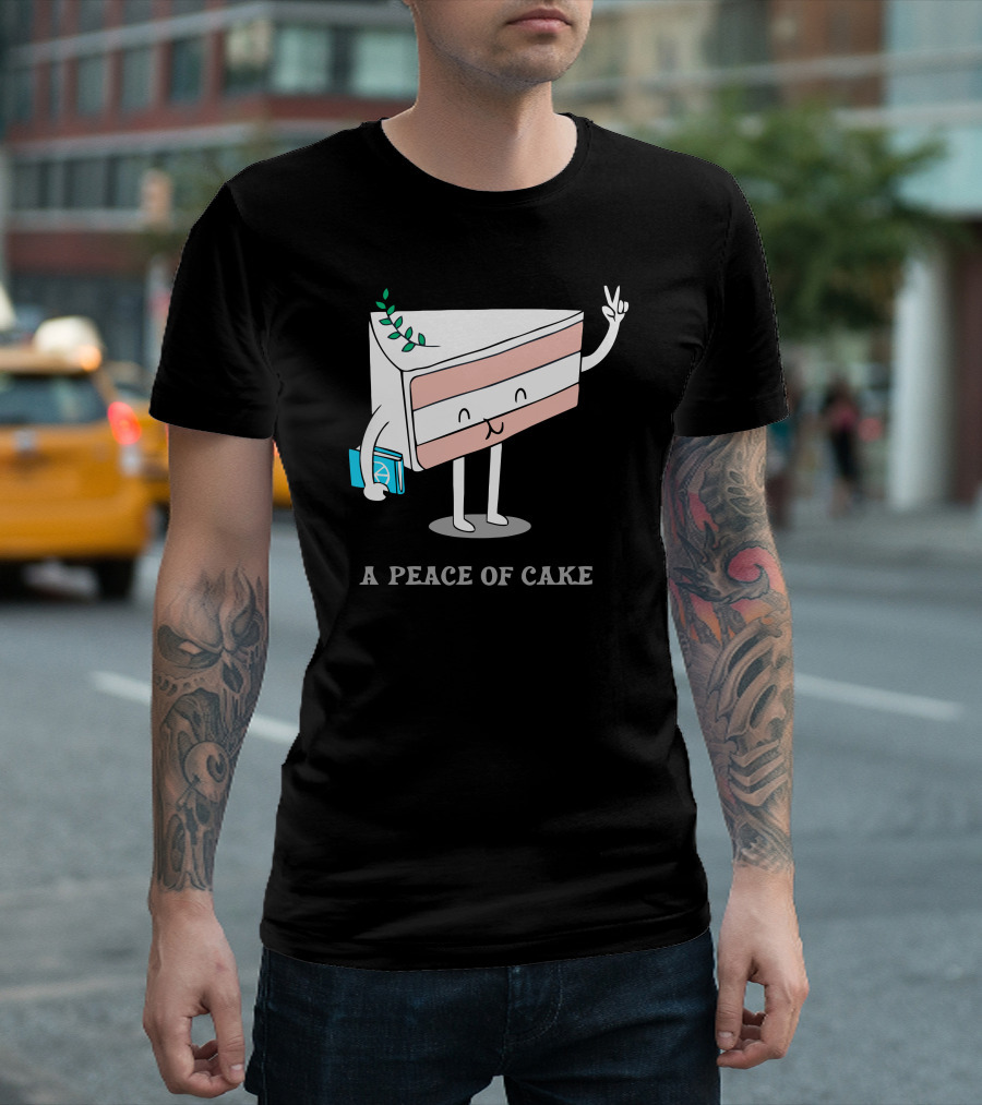A Peace Of Cake Slice Holding Book and Peace Sign T-Shirt