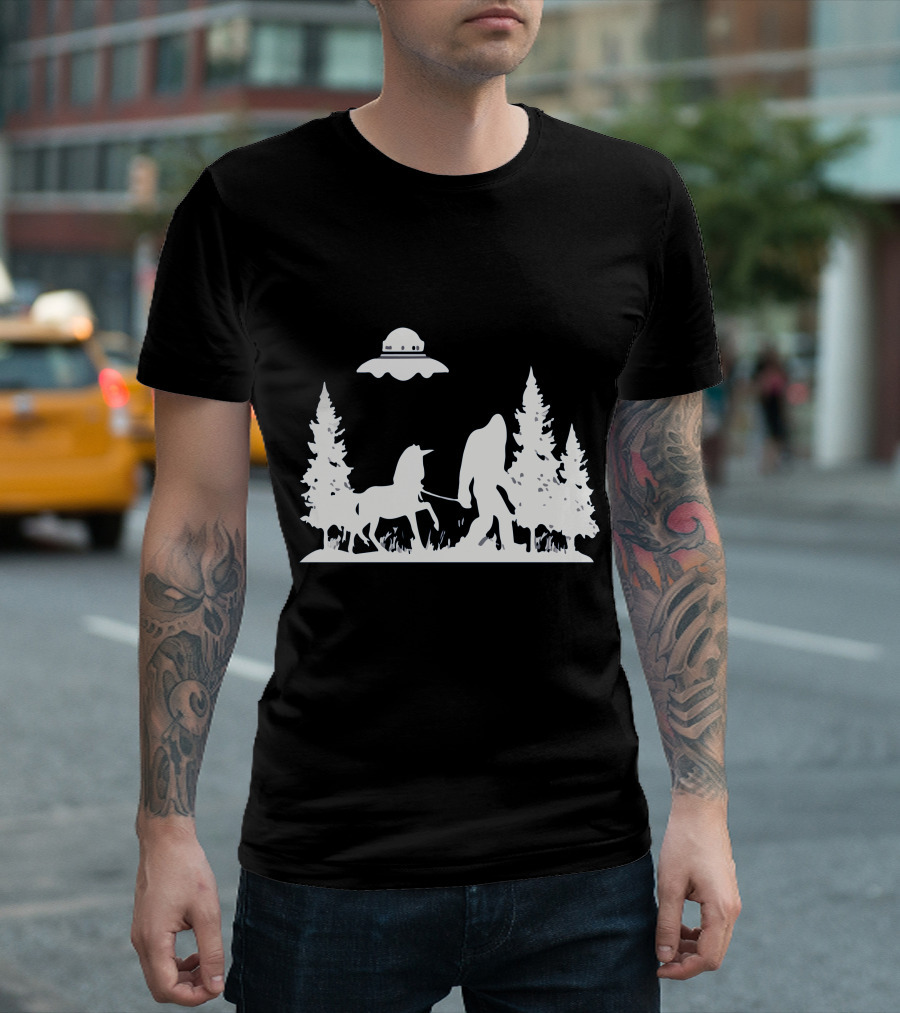 The Big One Walking a Unicorn with UFO Overhead and Stranger Watching T-Shirt