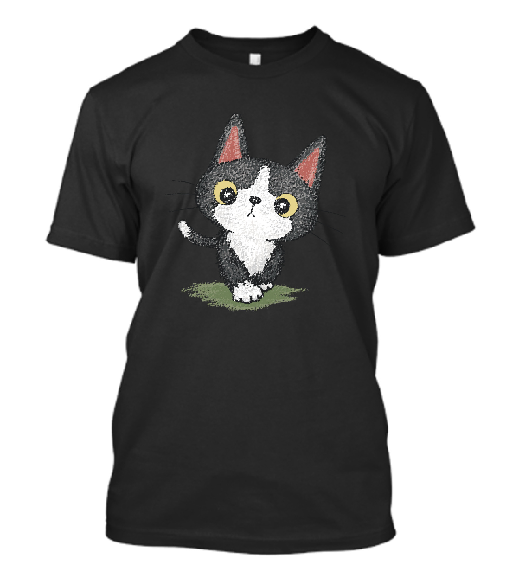 Black Kitten Chalk Style Drawing Walking On Grass T-Shirt
