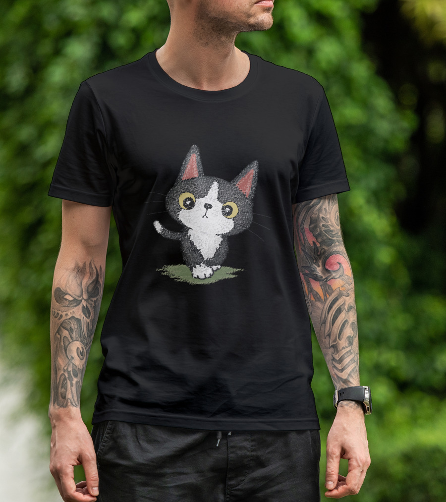 Black Kitten Chalk Style Drawing Walking On Grass T-Shirt