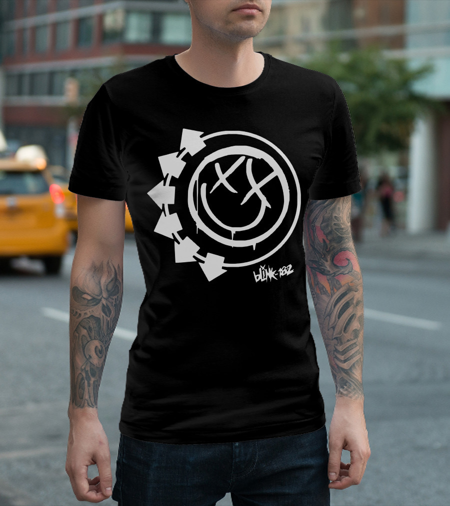 Blink 182 White Logo Arrows And Smiley Face T-Shirt