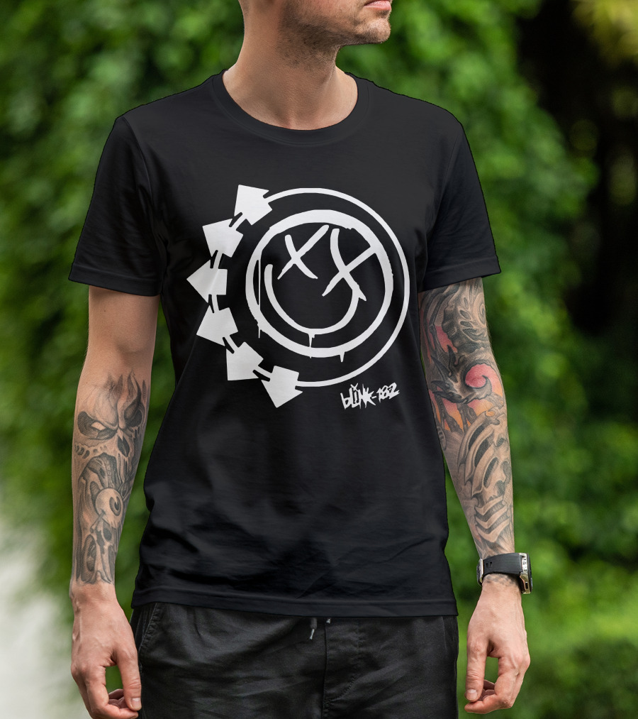 Blink 182 White Logo Arrows And Smiley Face T-Shirt