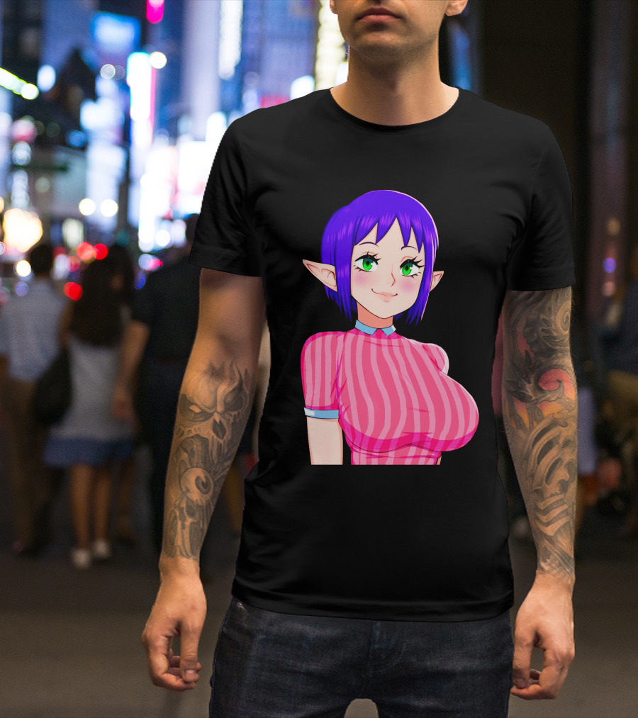 Bombchu Lady Anime Purple Hair Green Eyes Elf Character T-Shirt