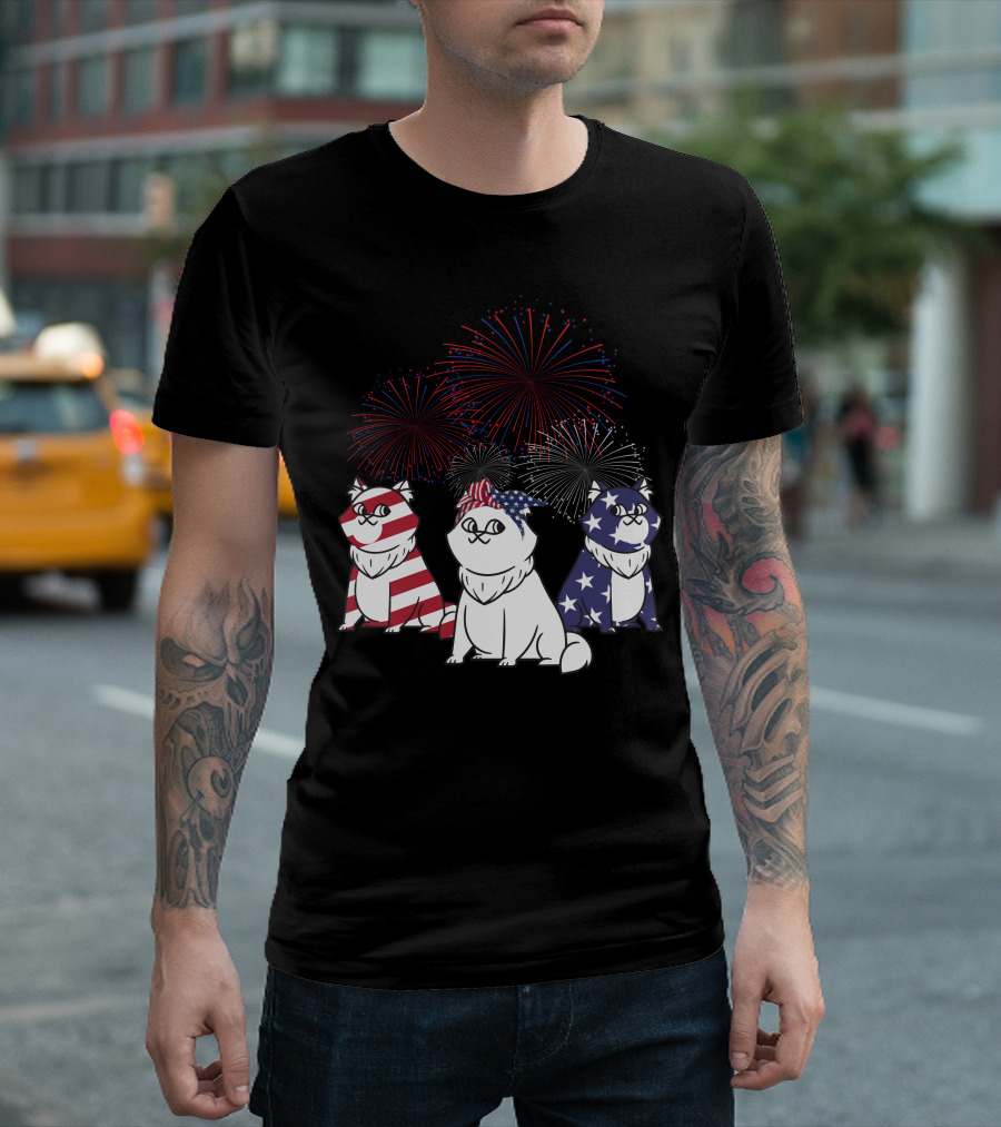 Patriotic Cat Trio American Flag 4th Of July Fireworks T-Shirt
