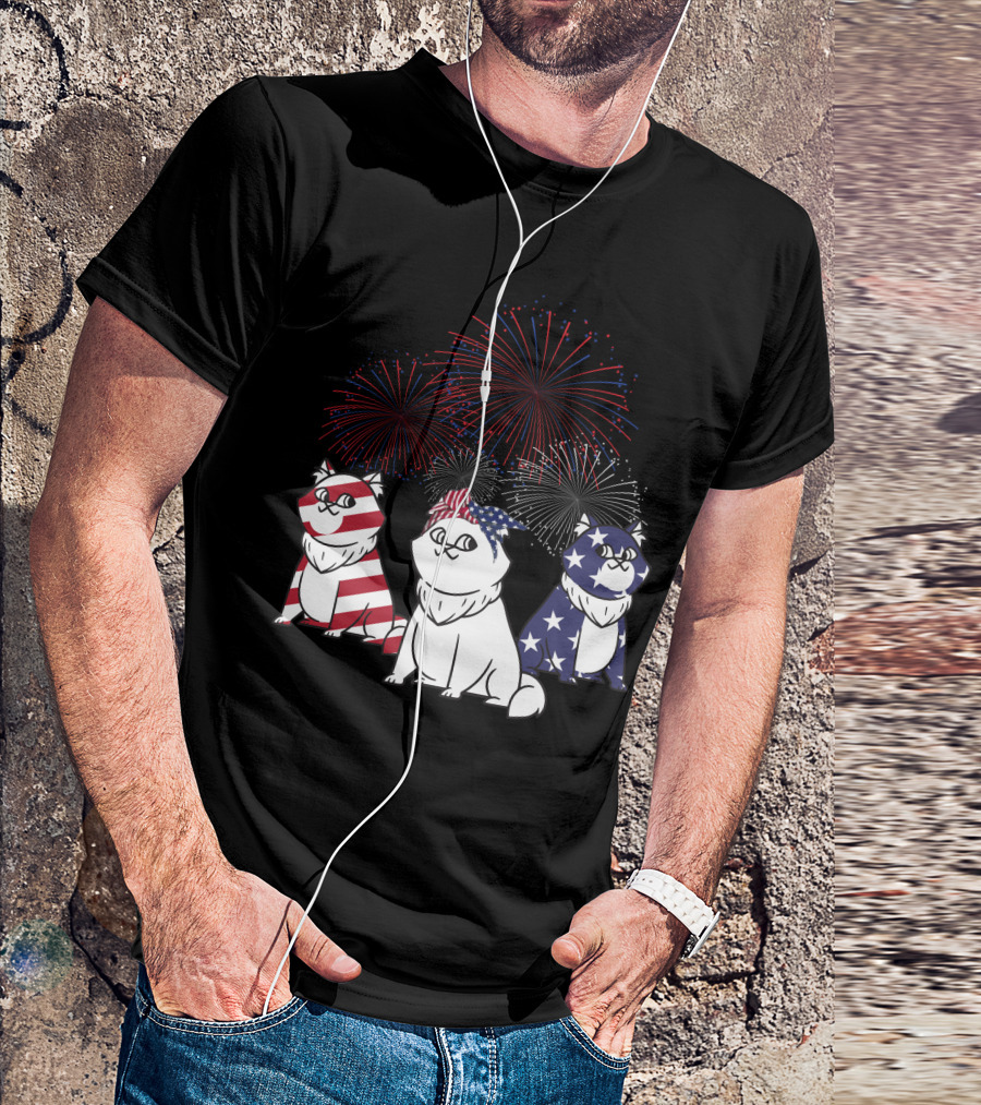 Patriotic Cat Trio American Flag 4th Of July Fireworks T-Shirt