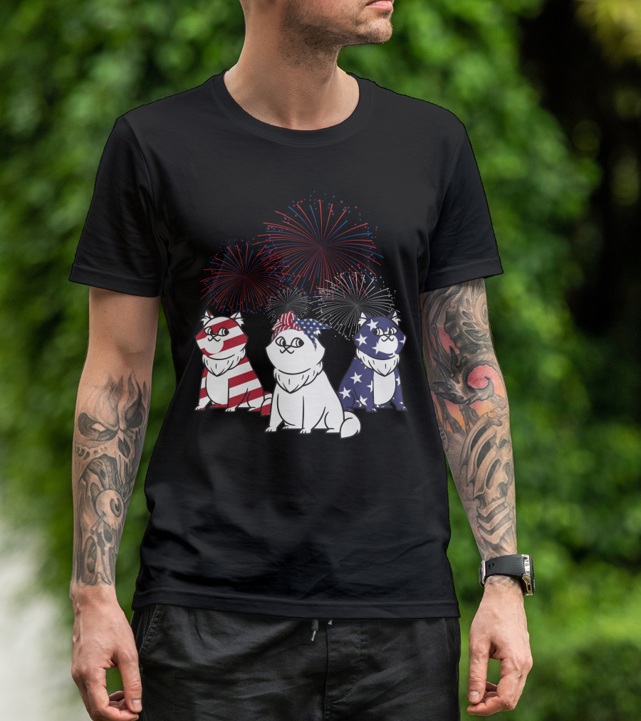 Patriotic Cat Trio American Flag 4th Of July Fireworks T-Shirt
