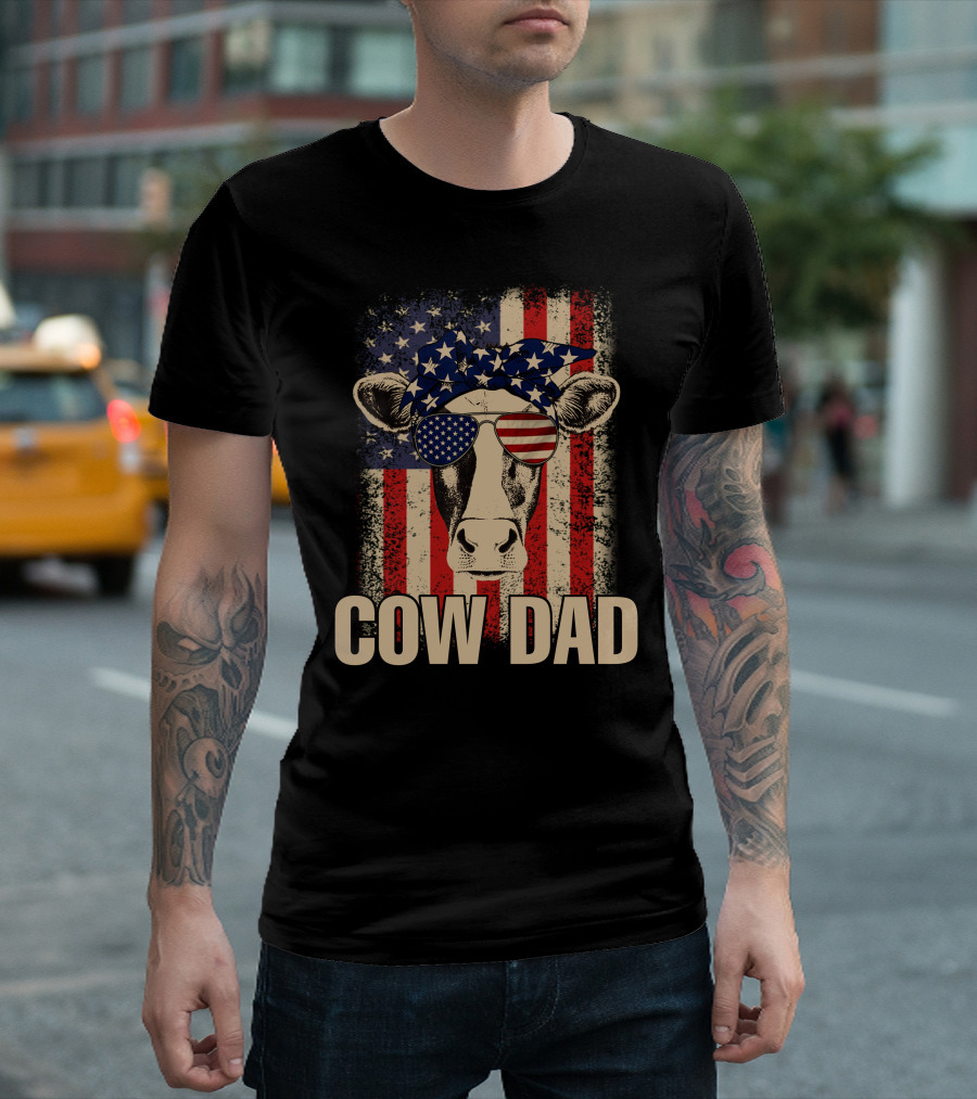 Cow Dad American Flag Patriotic 4th of July USA Glasses Bandana T-Shirt