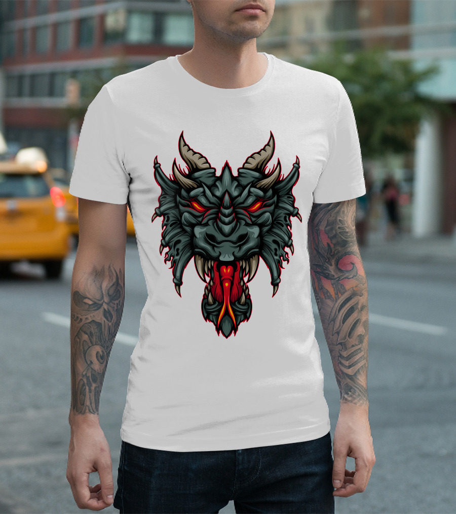 Dragon Head With Fiery Eyes And Horns T-Shirt