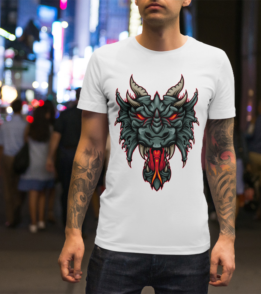 Dragon Head With Fiery Eyes And Horns T-Shirt