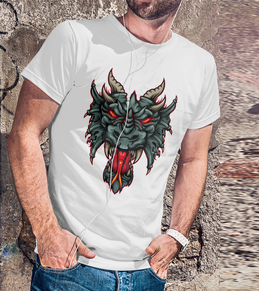 Dragon Head With Fiery Eyes And Horns T-Shirt