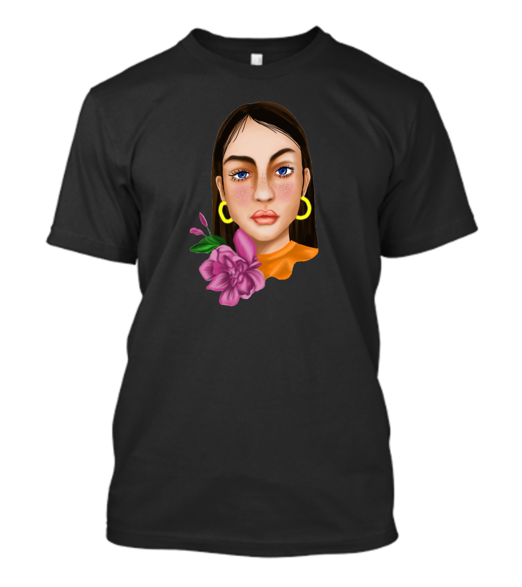 Elisa Blue Eyes Pink Flowers Yellow Hoop Earrings Orange Scallop Collar T-Shirt