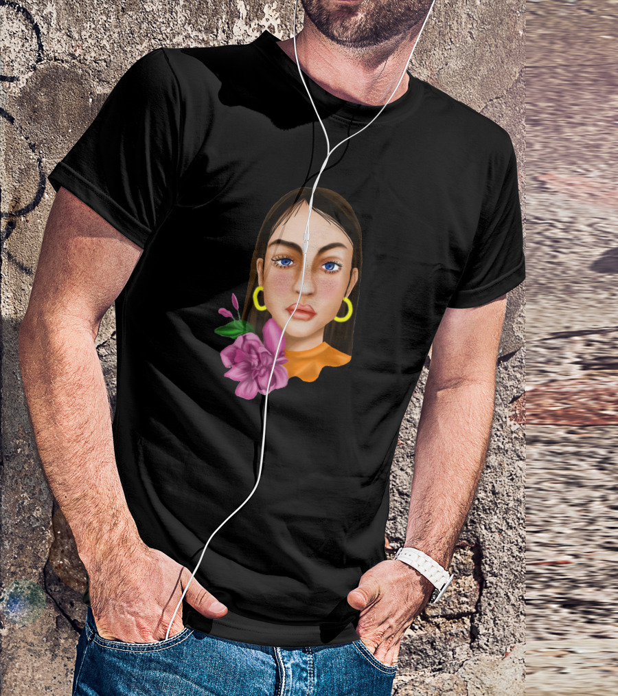 Elisa Blue Eyes Pink Flowers Yellow Hoop Earrings Orange Scallop Collar T-Shirt