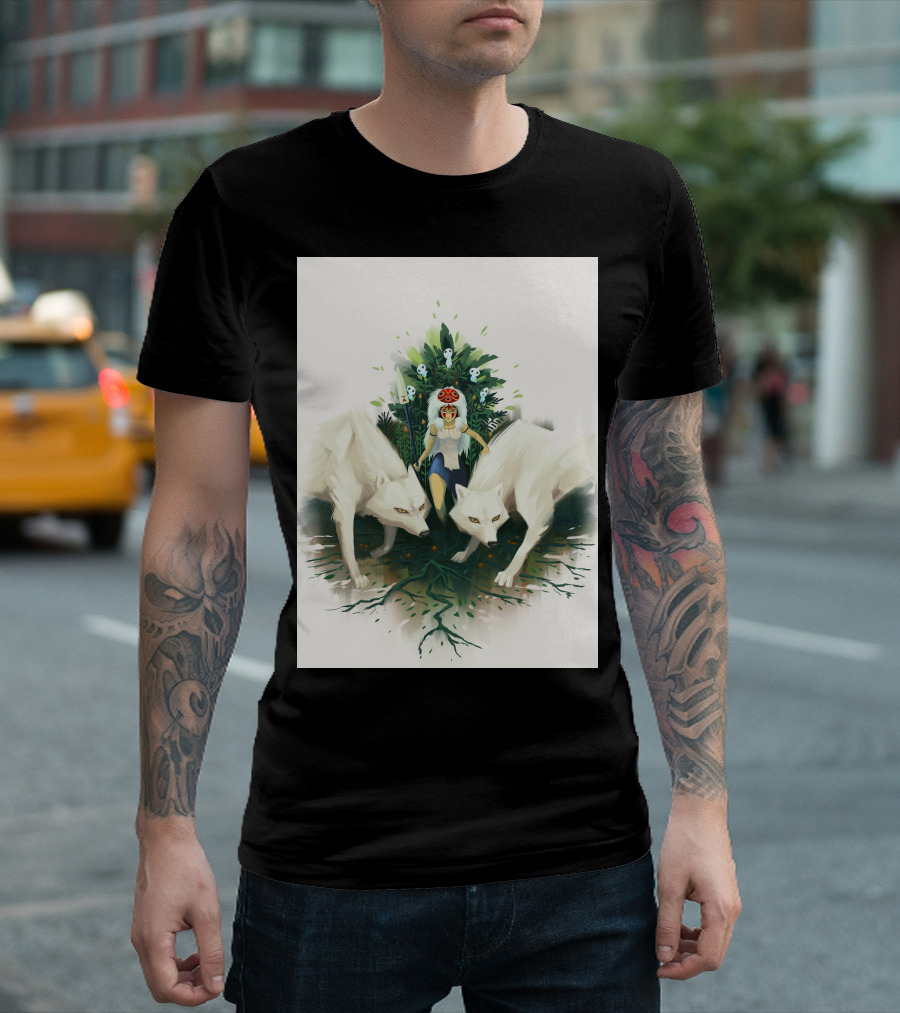 Forest Warrior Princess with Wolves and Skull Staff T-Shirt