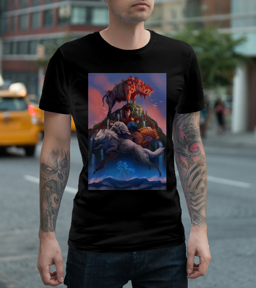 Forest Battle Versus Iron Village Princess Riding Creatures with Fierce Red Beast and Spirit Stag T-Shirt
