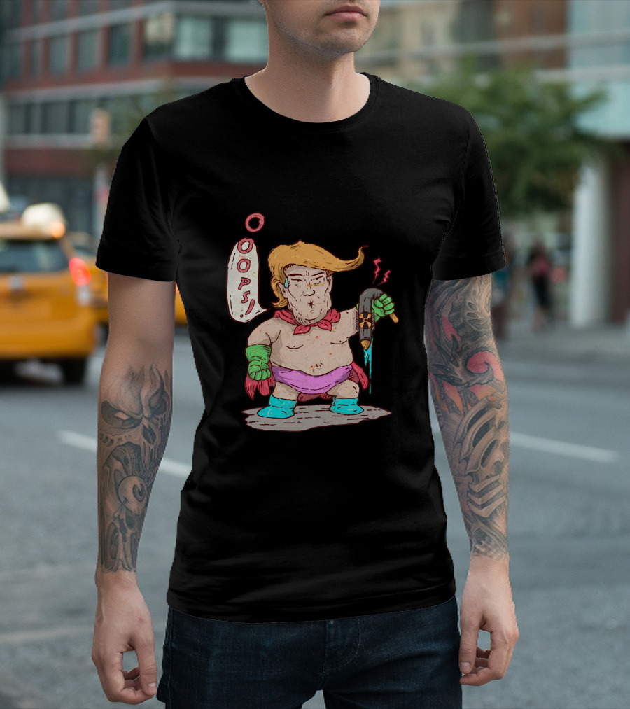 Oops Cartoon Character With Goofy Hair and Leaky Rocket T-Shirt