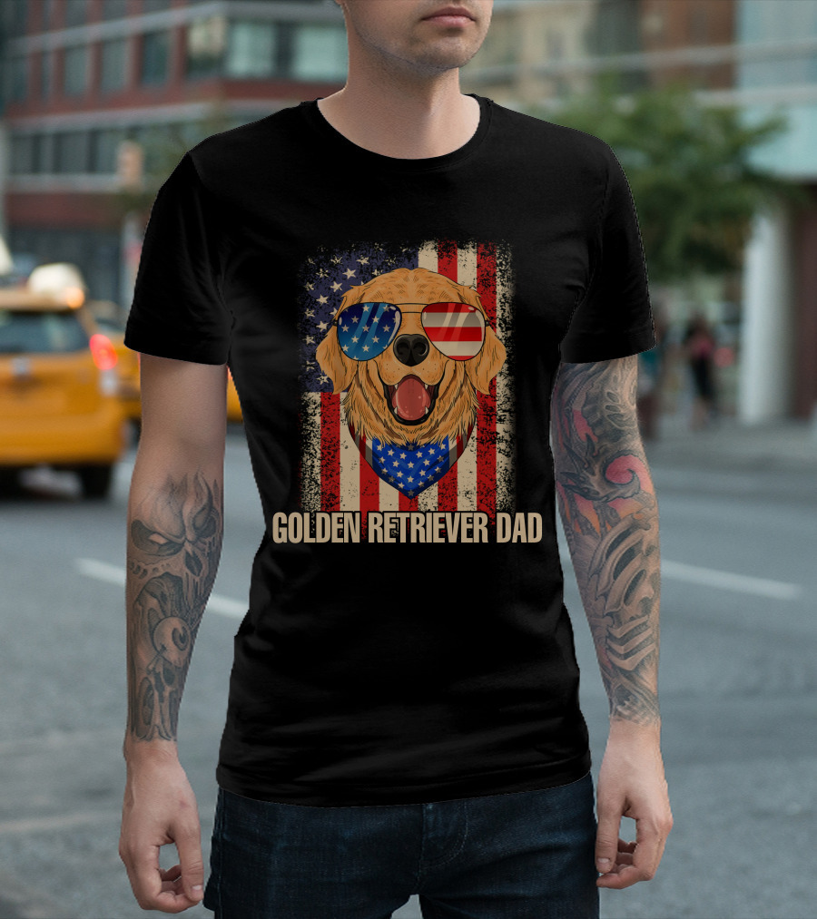 GOLDEN RETRIEVER DAD AMERICAN FLAG PATRIOTIC 4TH OF JULY T-Shirt