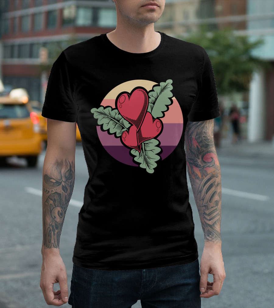 Hearts Flower With Leaf Accents On Colorful Circle Background T-Shirt