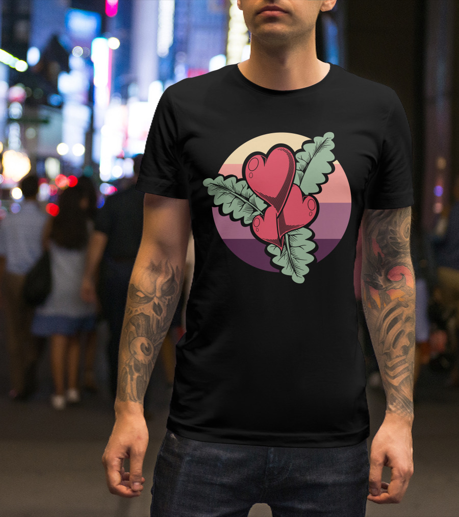 Hearts Flower With Leaf Accents On Colorful Circle Background T-Shirt