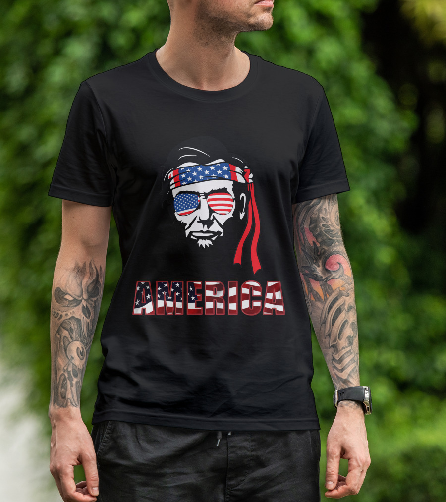 America Lincoln Patriotic Flag Bandana Sunglasses T-Shirt