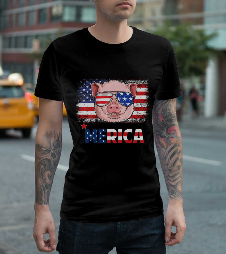 'Merica Pig With American Flag Sunglasses Patriotic 4th Of July T-Shirt