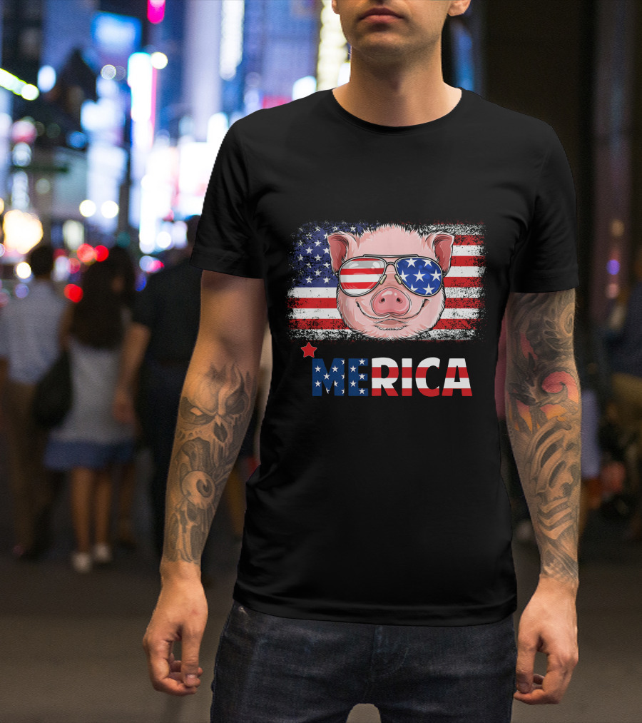 'Merica Pig With American Flag Sunglasses Patriotic 4th Of July T-Shirt