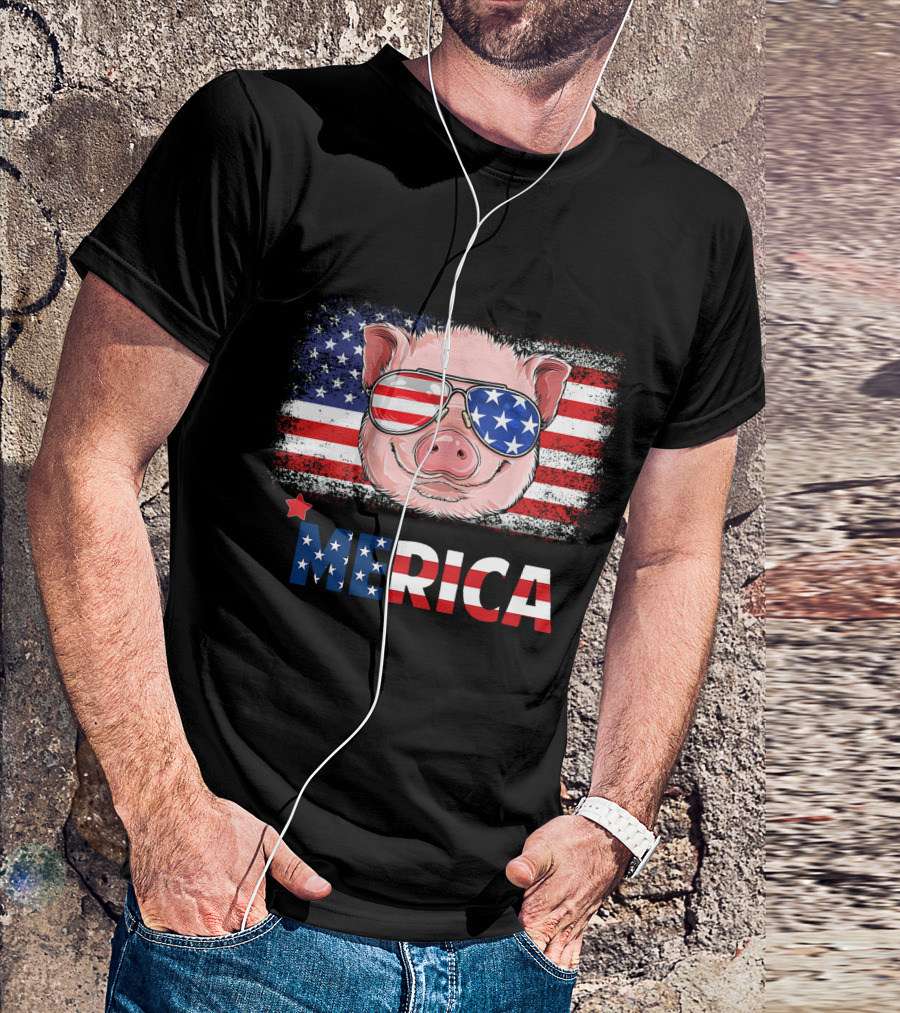 'Merica Pig With American Flag Sunglasses Patriotic 4th Of July T-Shirt