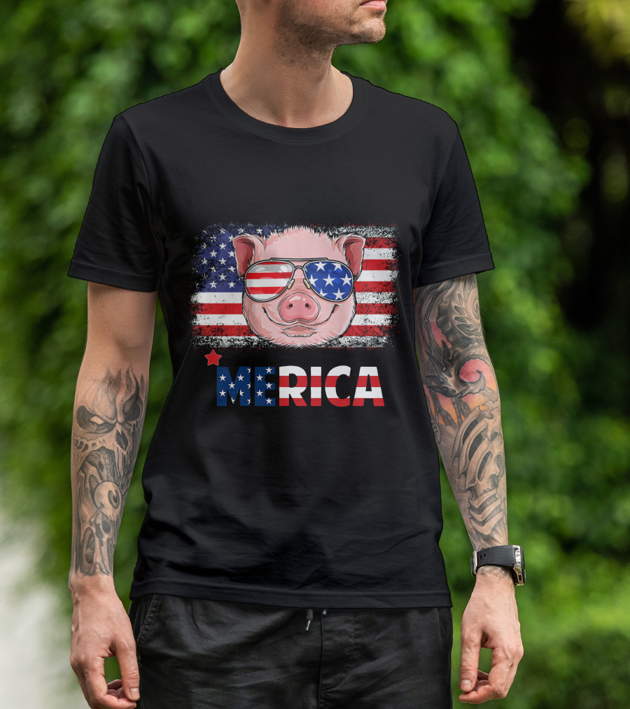 'Merica Pig With American Flag Sunglasses Patriotic 4th Of July T-Shirt