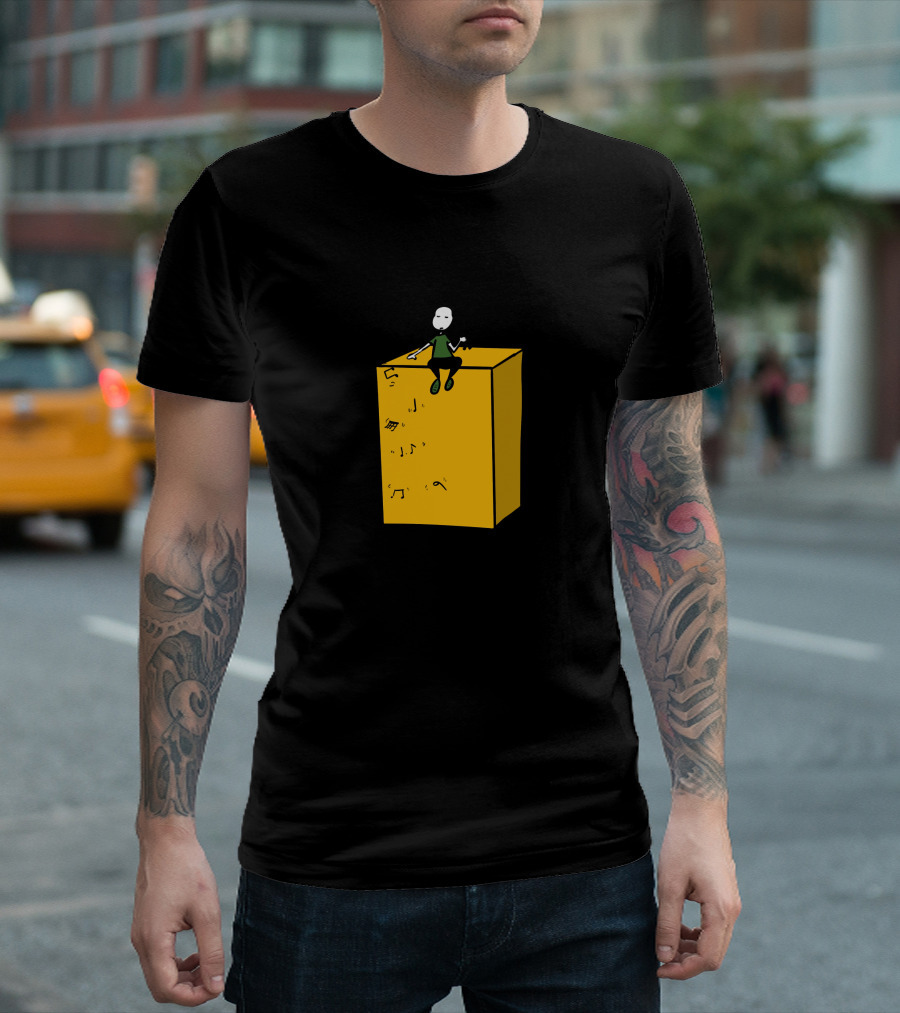 Musicians Stay Home Cartoon Character on Yellow Block with Music Notes T-Shirt